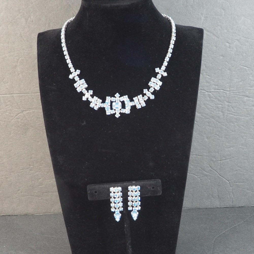 VTG Necklace Earring Set Ice Blue Rhinestone Choker Waterfall Fringe Silver Tone